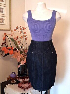 NWOT Kensie Navy Blue Chic Denim Midi Skirt High Quality Slim Fit Jean Skirts 12